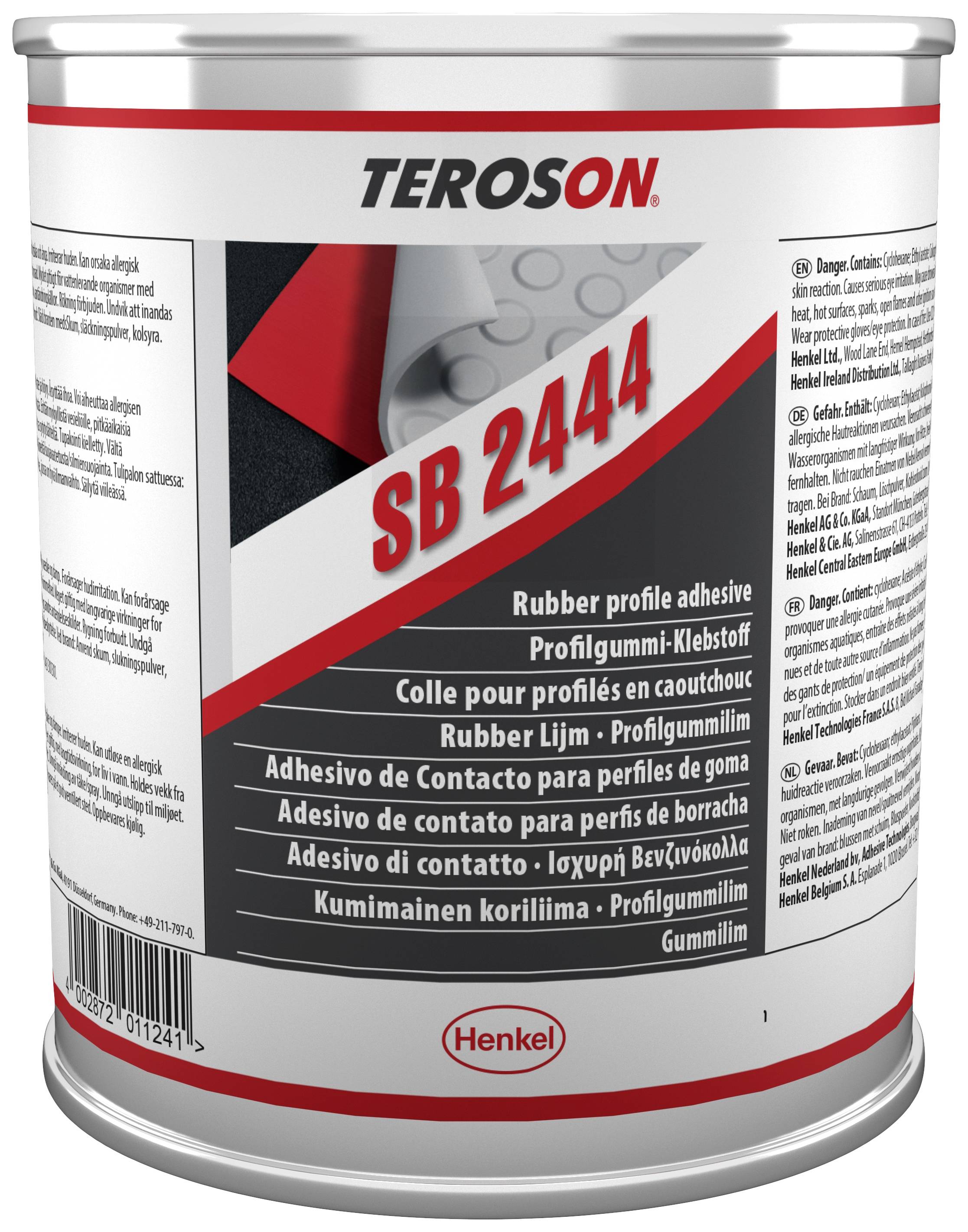 Boîte de colle portant l'inscription 'TEROSON SB 2444'. Contient des détails sur l'utilisation du produit en tant que colle pour caoutchouc et des informations de sécurité.
