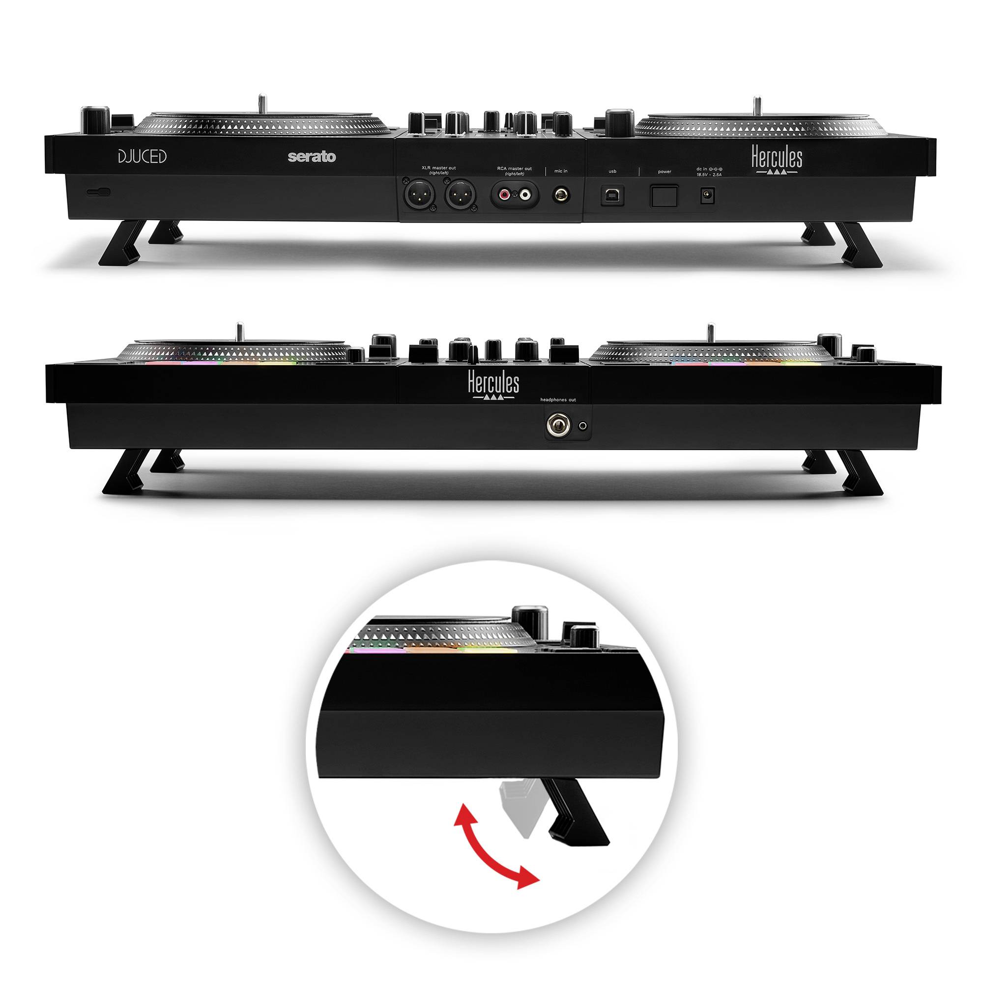 Contrôleur DJ Hercules DJControl Inpulse 500 en couleur noire. Vue de face et de dos avec un gros plan sur un des pieds de support.