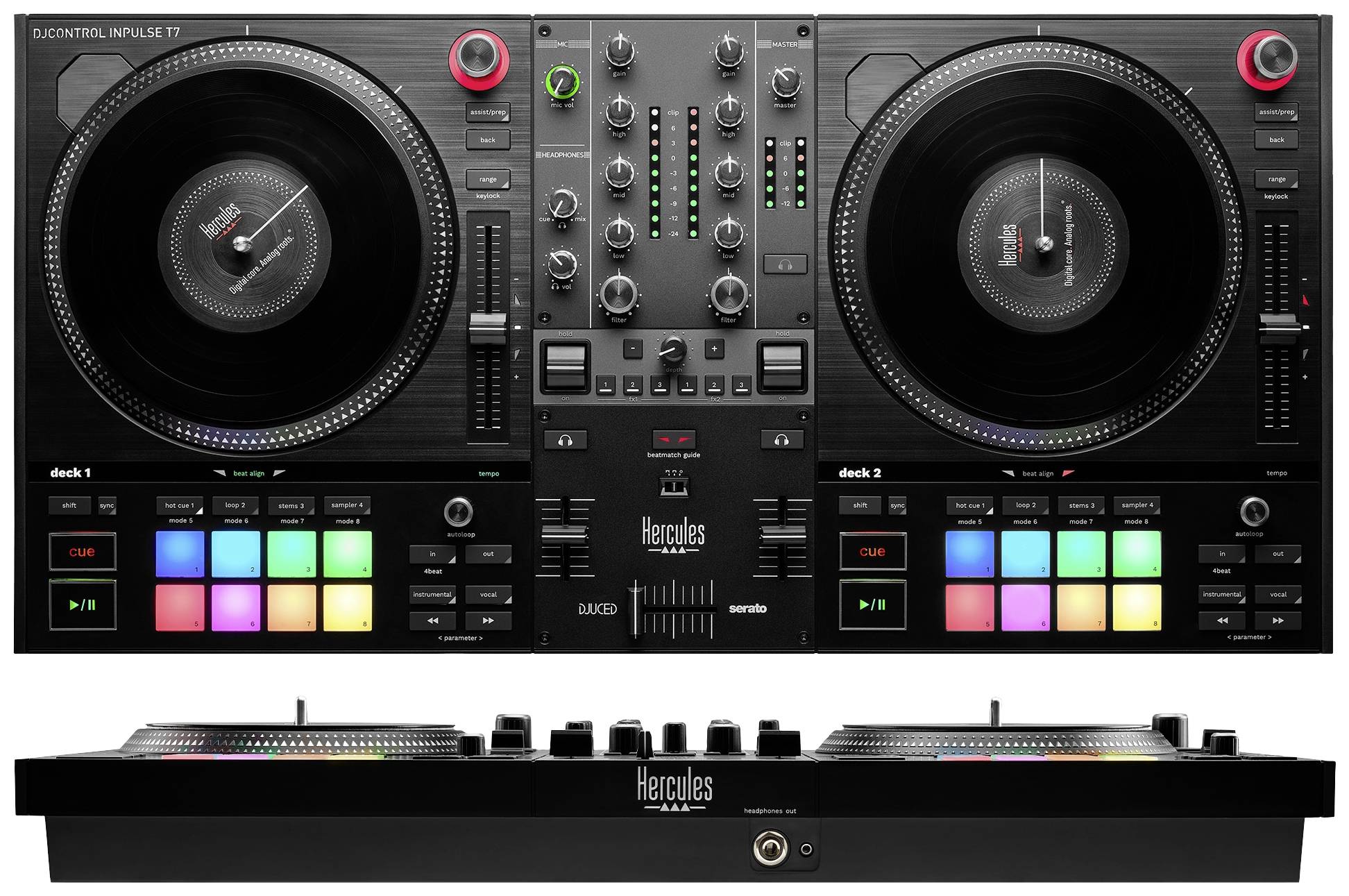 Contrôleur DJ avec deux platines vinyles, touches colorées pour les effets et une console de mixage centrale. Nom de la marque visible.