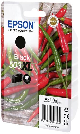 Emballage d'une cartouche d'encre noire Epson 503XL. Le design présente des piments rouges. Compatible avec les imprimantes Expression Home.