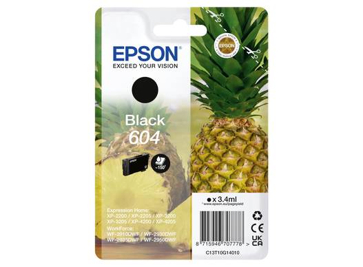Emballage d'une cartouche d'encre Epson 604 en noir. Adaptée à différents modèles d'imprimantes Epson. Une image d'ananas est imprimée sur l'emballage.
