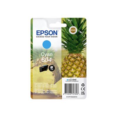 Image d'ananas avec cartouche d'encre Epson, couleur Cyan 604, compatible avec divers modèles d'imprimantes Epson. Contient le logo Epson et la capacité.