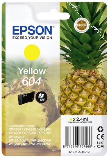 'Cartouche d'encre Epson 604 en jaune, compatible avec différents modèles d'imprimantes. L'emballage présente un fond d'ananas.'