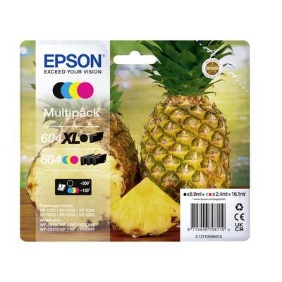'Epson Cartouches d'encre Multipack 604 XL, représentées sur un emballage d'ananas. Contient un ensemble de cartouches d'encre noire et couleur.'