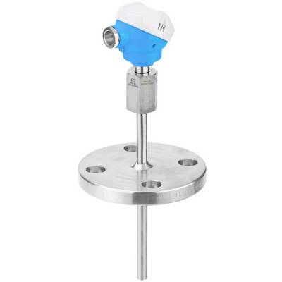 Un capteur de température avec un boîtier bleu et une fixation par bride en acier inoxydable, adapté aux applications industrielles.