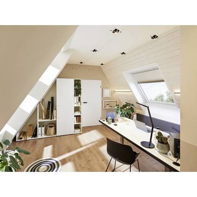 Bureau lumineux et moderne sous les combles, avec un sol en bois, un grand bureau, des plantes et des étagères. La fenêtre laisse entrer la lumière du soleil.