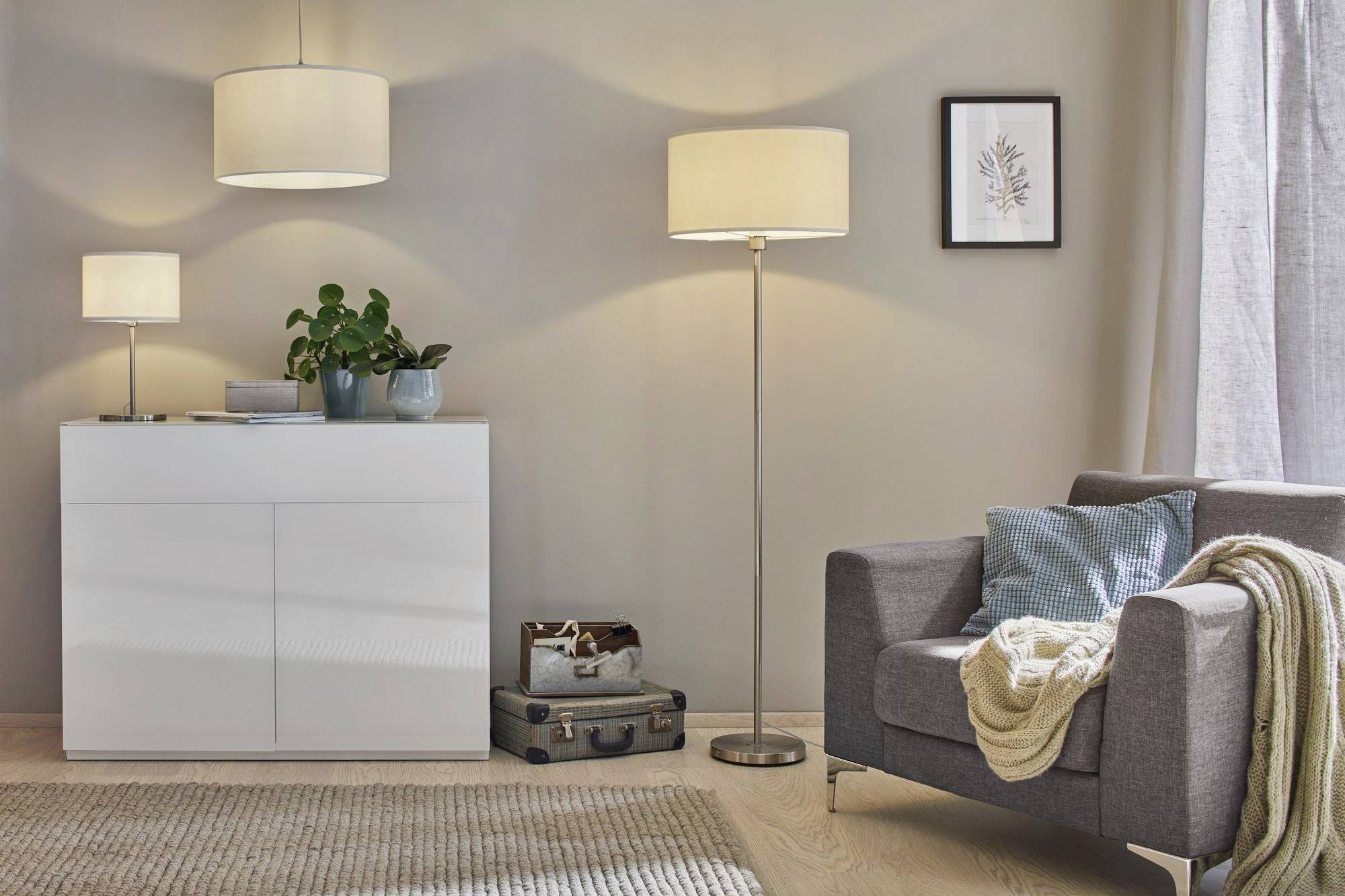 Salon avec un fauteuil gris, des coussins et une couverture. Commode blanche décorée de plantes et de livres. Des lampadaires et lampes de table éclairent la pièce.