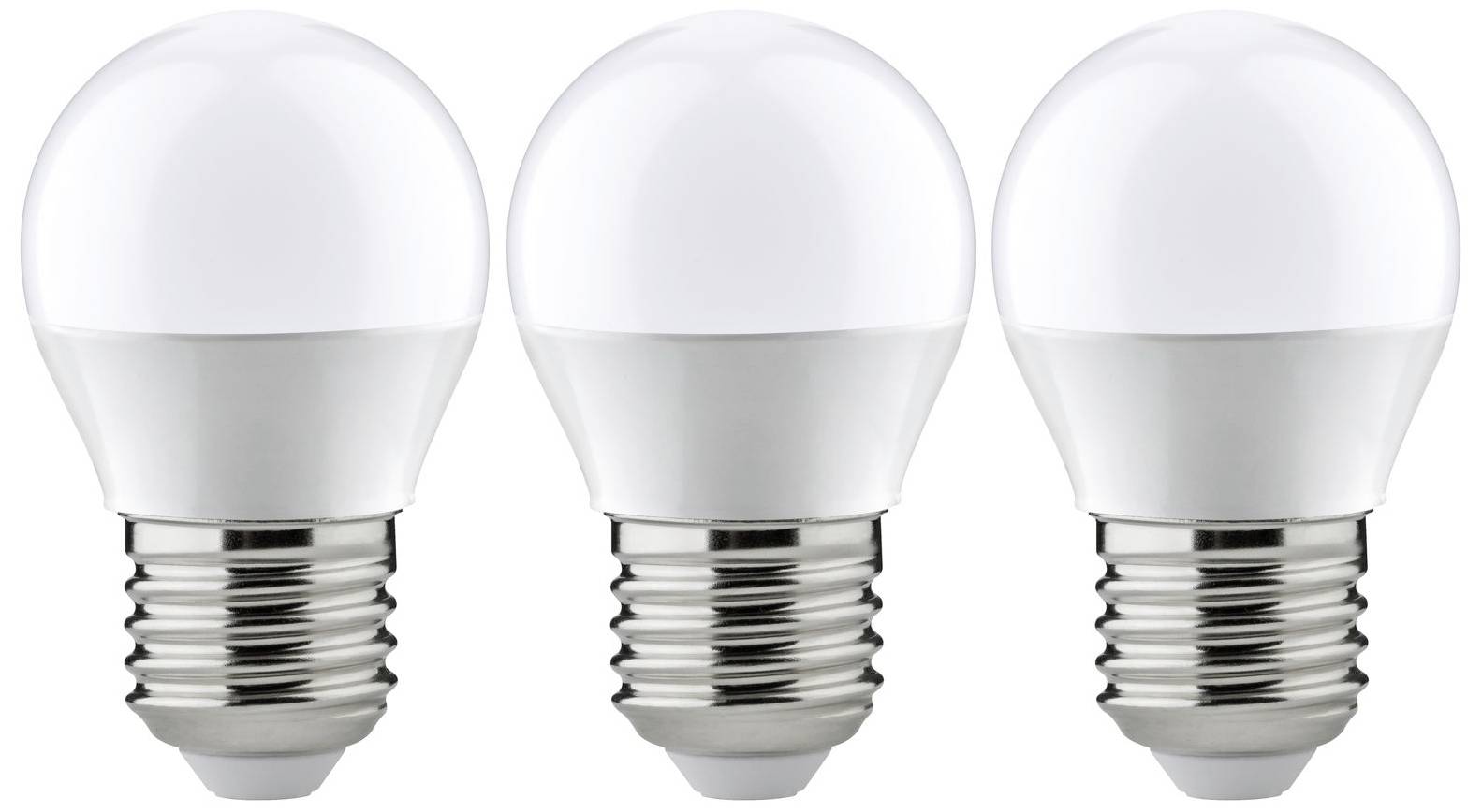 Trois ampoules LED identiques alignées, chacune dotée d'un socle argenté et d'un verre blanc et rond.