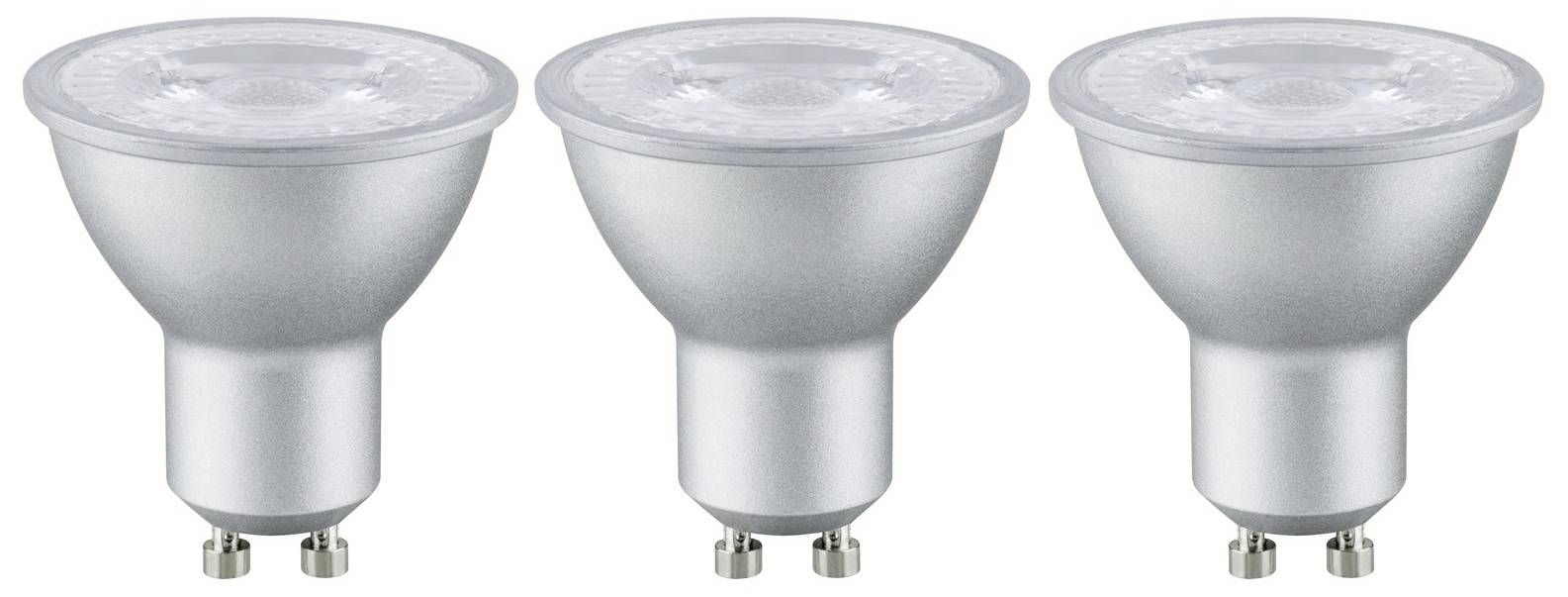 Trois lampes LED argentées côte à côte, avec douille GU10, sur fond blanc.