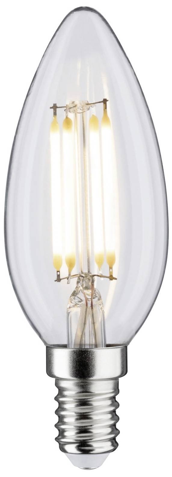 Ampoule claire en forme de bougie avec filament visible, allumée, sur fond blanc.