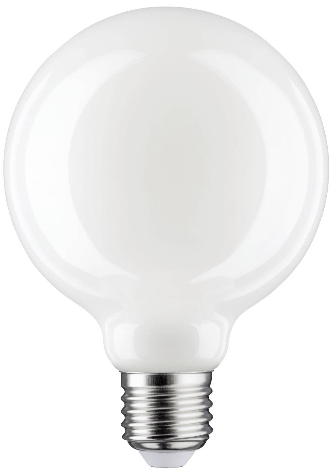 Ampoule à verre sphérique, culot argenté et surface blanche opaque.