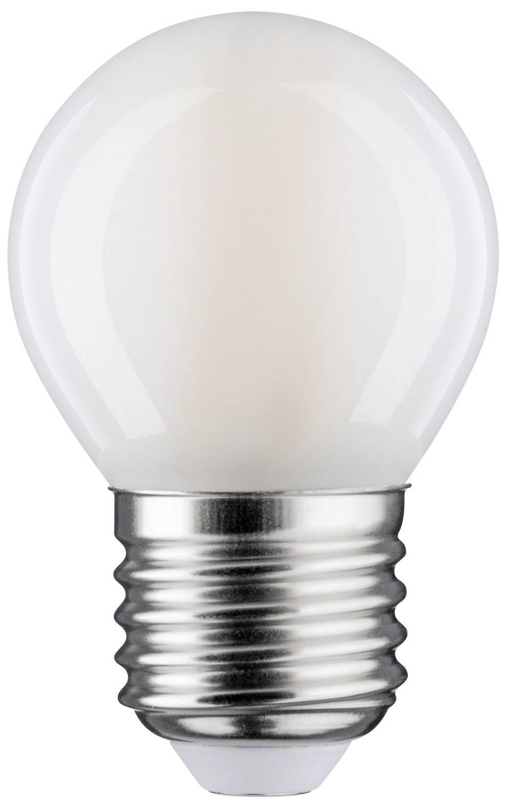 Ampoule blanche avec un socle métallique sur fond blanc.