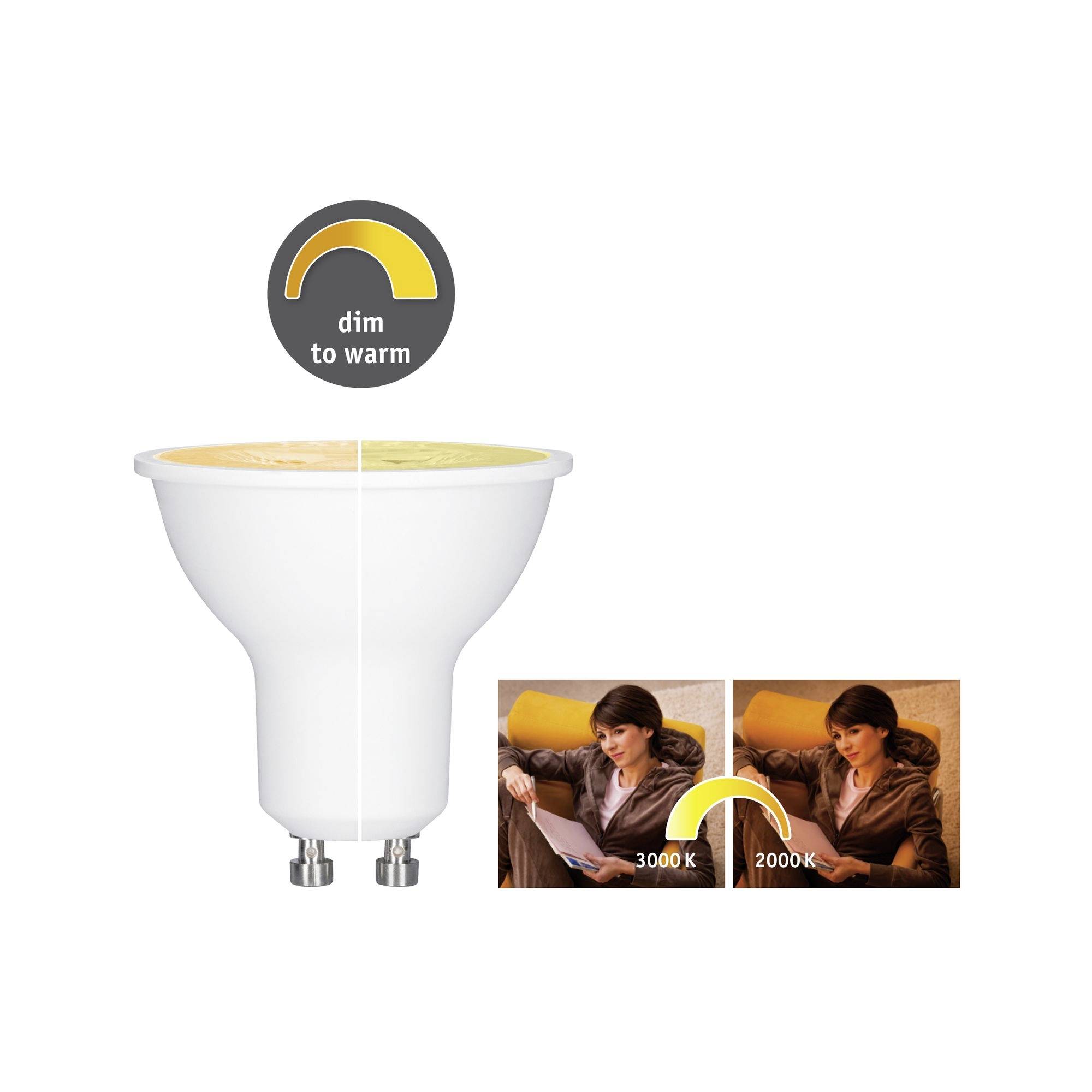 Ampoule LED avec fonction 'dim to warm'. Deux photos montrent différentes températures de couleur : 3000K (blanc) et 2000K (chaleureux).