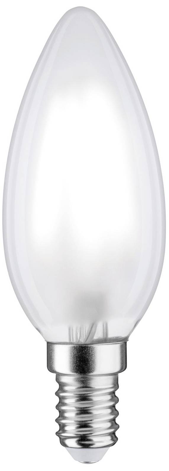 Une ampoule blanche en forme de goutte avec un culot E14, adaptée pour les luminaires décoratifs, présentée sur un fond blanc.