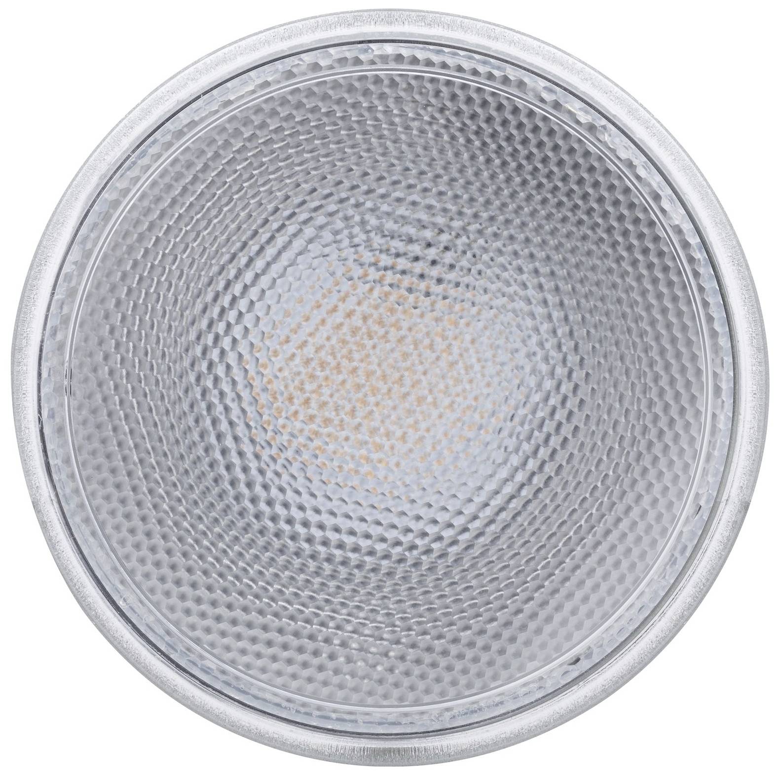 Une lampe réflecteur argentée et métallique, vue de dessus. La surface structurée présente des cercles concentriques et un motif central.
