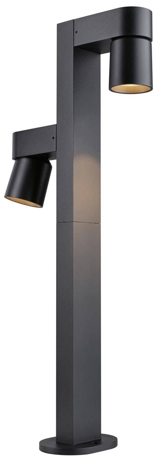 Lampadaire de design moderne avec deux têtes lumineuses orientables. Adapté pour l'extérieur, fabriqué en métal noir.
