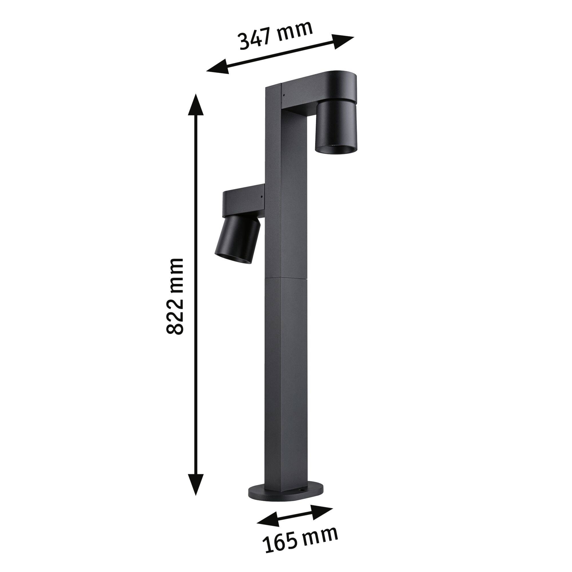 Applique extérieure noire avec deux têtes de lampe cylindriques, hauteur verticale de 822 mm, largeur horizontale de 347 mm, largeur du socle de 165 mm.