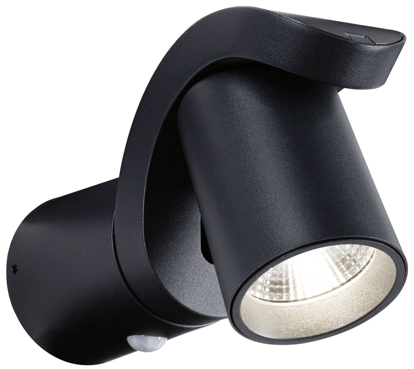 Lampe extérieure moderne noire avec tête cylindrique et détecteur de mouvement, montée sur un mur.