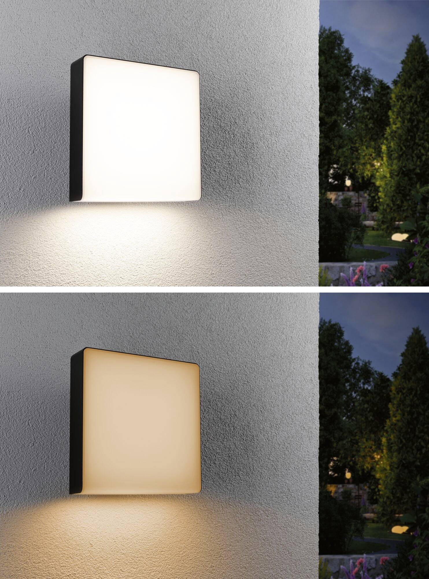 Deux photos d'un luminaire carré extérieur sur un mur, en haut à la lumière du jour avec un éclairage lumineux, en bas dans l'obscurité avec une lumière chaleureuse.