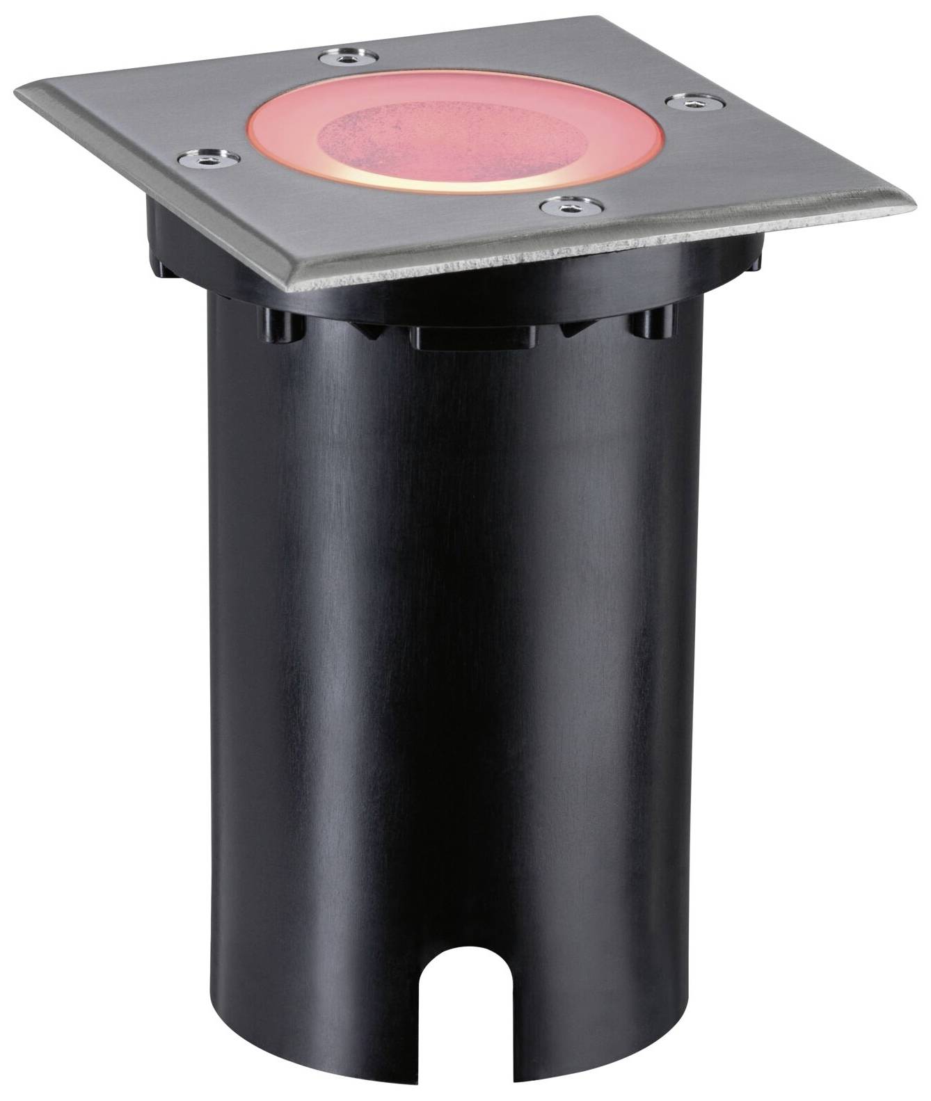 Luminaire encastré avec un couvercle carré en acier inoxydable et un élément lumineux rouge. Utilisé pour un montage au sol en extérieur.
