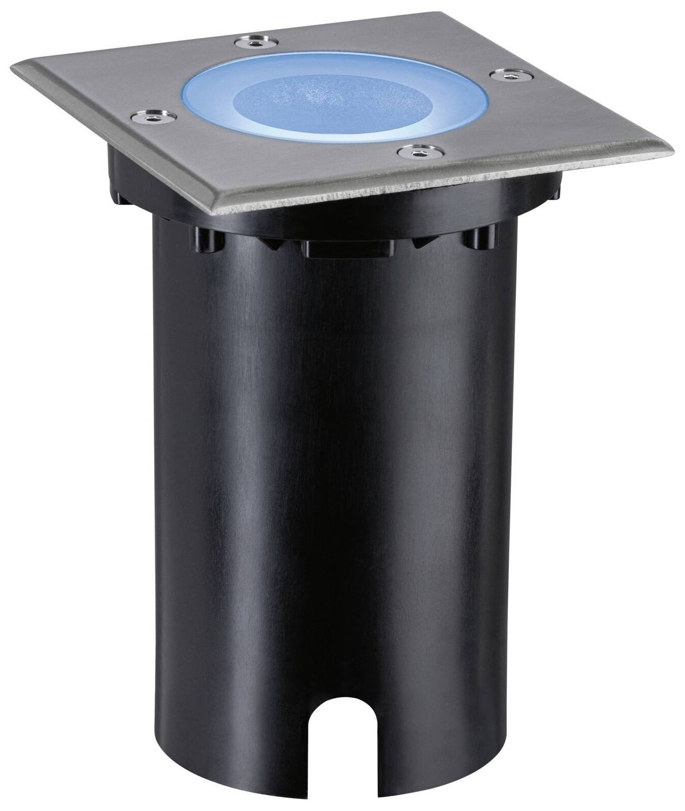 Un luminaire encastré carré avec un boîtier cylindrique noir et un élément lumineux rond bleu au centre.
