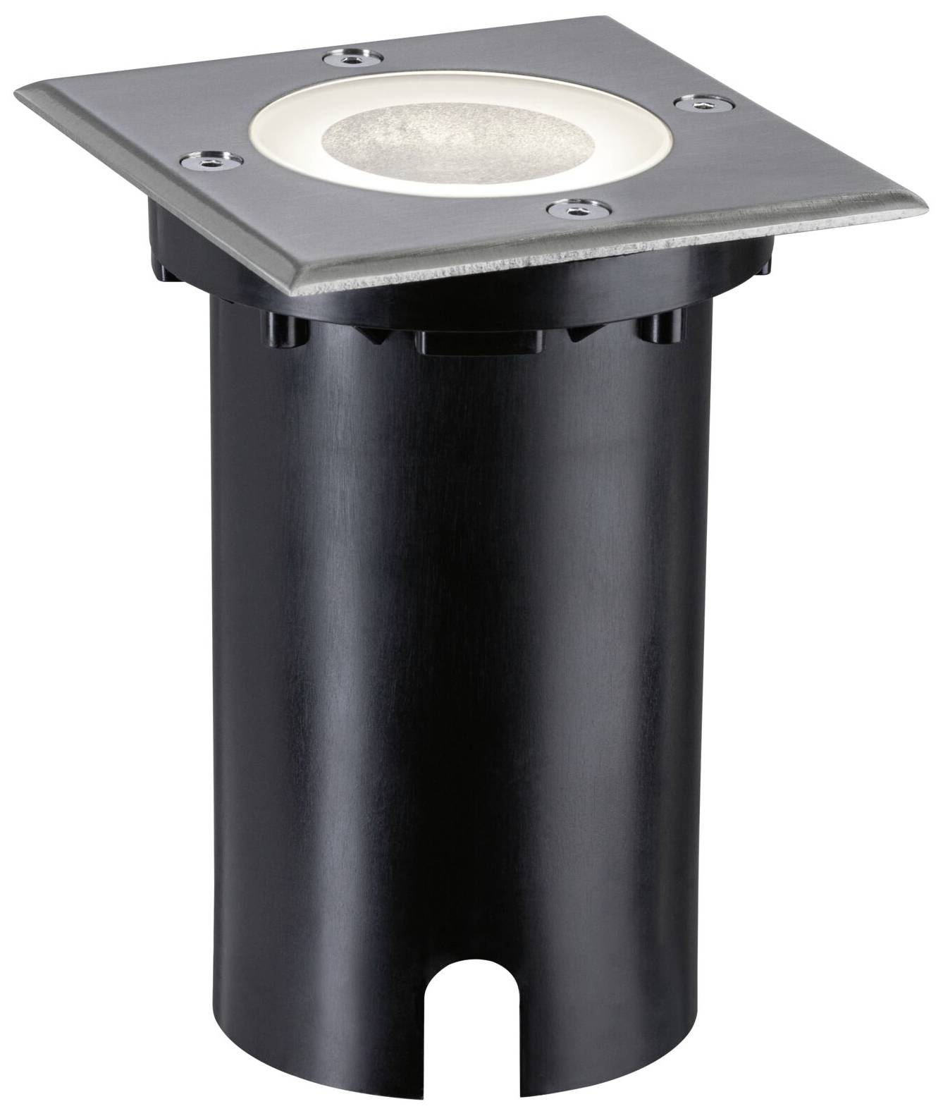 Un projecteur encastré de sol LED rond, noir, avec un couvercle carré en acier inoxydable. Adapté pour l'éclairage extérieur.