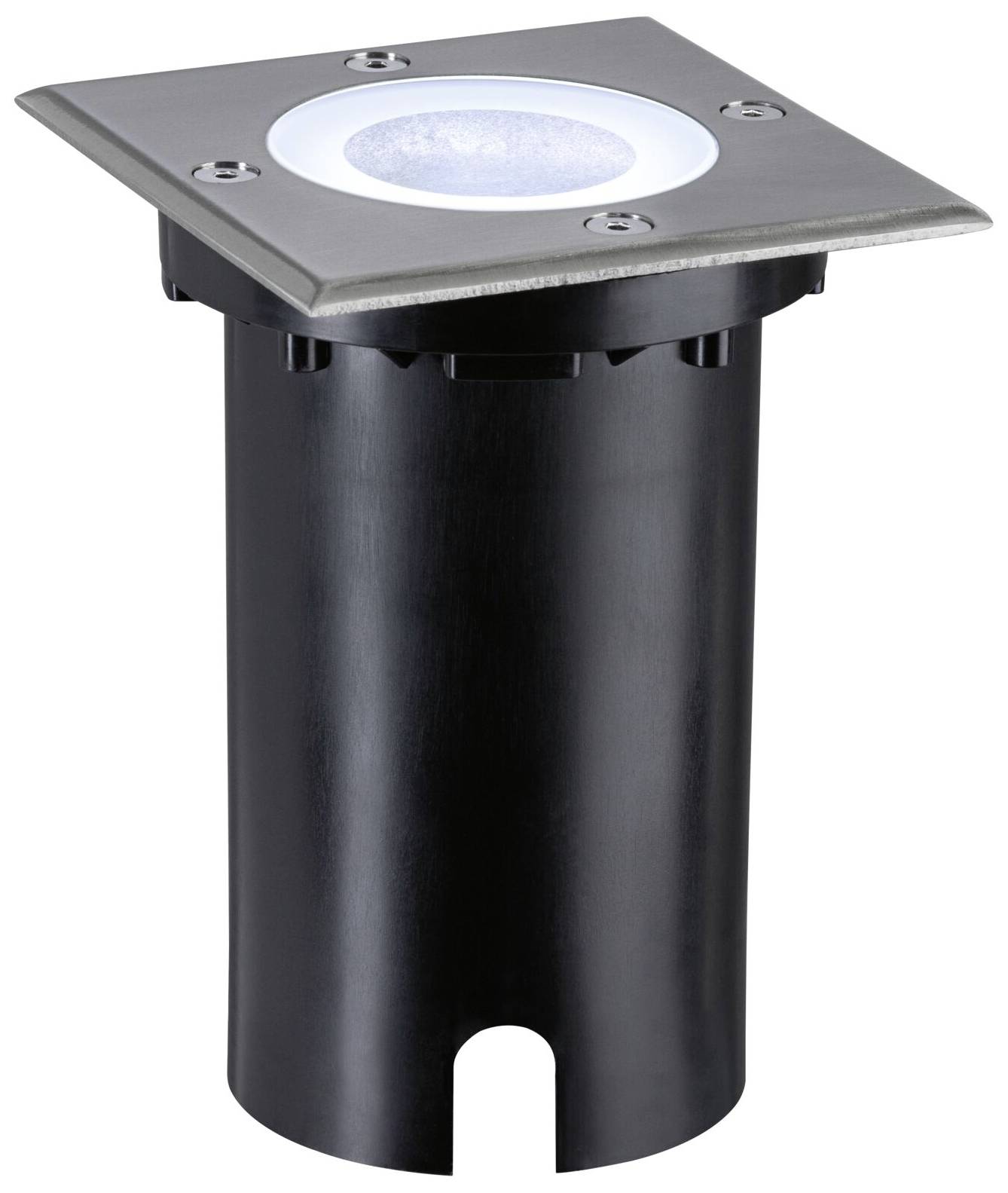 Luminaire au sol avec un couvercle carré en acier inoxydable et un verre rond opale, adapté aux utilisations extérieures telles que l'éclairage des chemins ou des jardins.