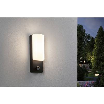 Luminaire extérieur fixé à un mur au crépuscule, diffusant une lumière chaleureuse et illuminant la zone autour de la maison, entouré d'arbres en arrière-plan.