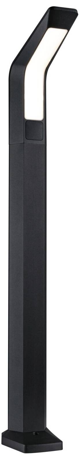 Lampadaire noir moderne avec tête incurvée et éclairage intégré, adapté à l'éclairage extérieur.