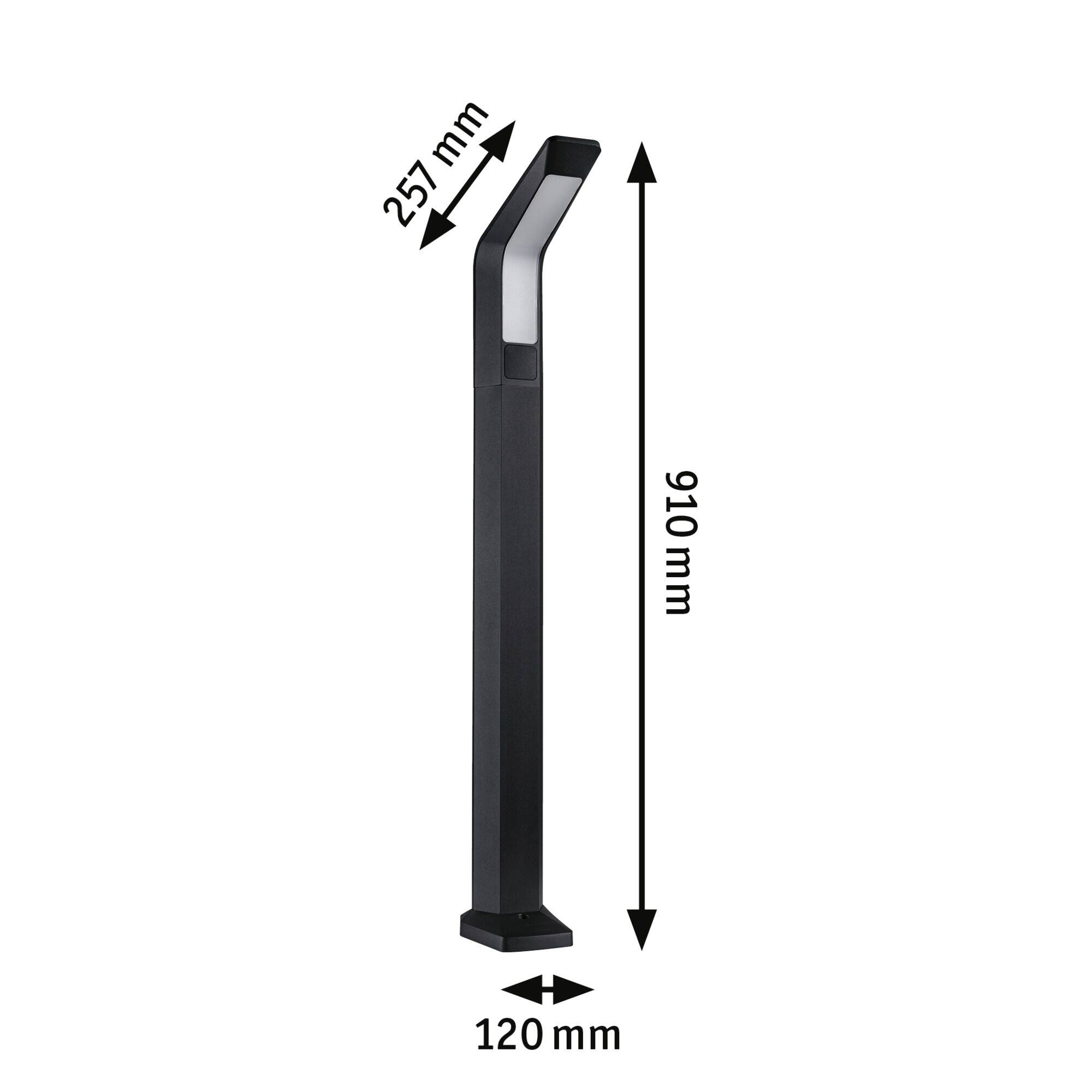 Luminaire extérieur noir en forme de tige, hauteur de 910 mm, portée de bras de 257 mm, largeur de base de 120 mm.