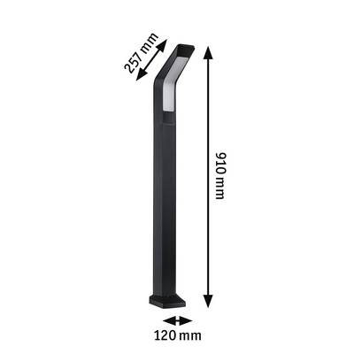 Luminaire extérieur noir en forme de tige, hauteur de 910 mm, portée de bras de 257 mm, largeur de base de 120 mm.