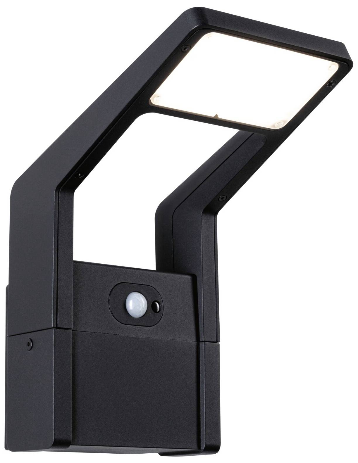 Un luminaire mural extérieur noir avec une tête lumineuse carrée et un détecteur de mouvement intégré. Idéal pour les façades de bâtiments modernes.