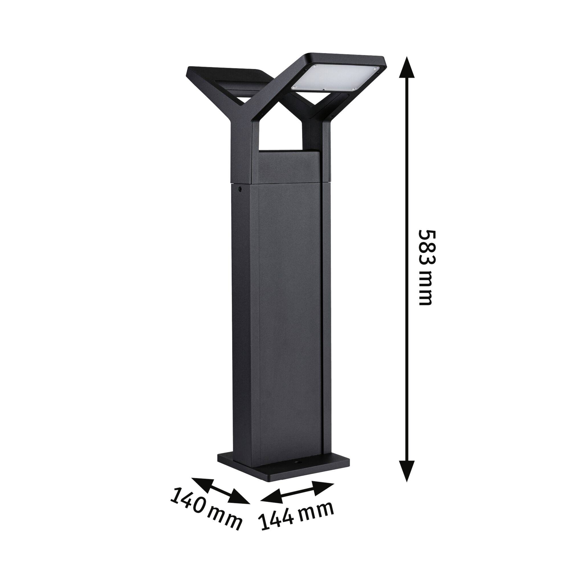 Luminaire extérieur LED noir de forme Y moderne, hauteur 583 mm, dimensions de base 140 mm x 144 mm.