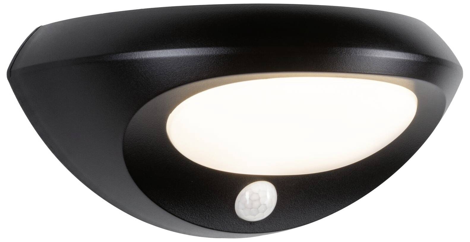 Lampe de plafond semi-circulaire noire avec capteur de mouvement intégré. S'illumine en blanc, adaptée aux espaces intérieurs et extérieurs.