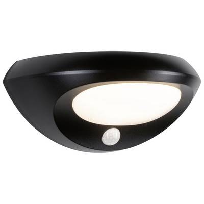 Lampe de plafond semi-circulaire noire avec capteur de mouvement intégré. S'illumine en blanc, adaptée aux espaces intérieurs et extérieurs.