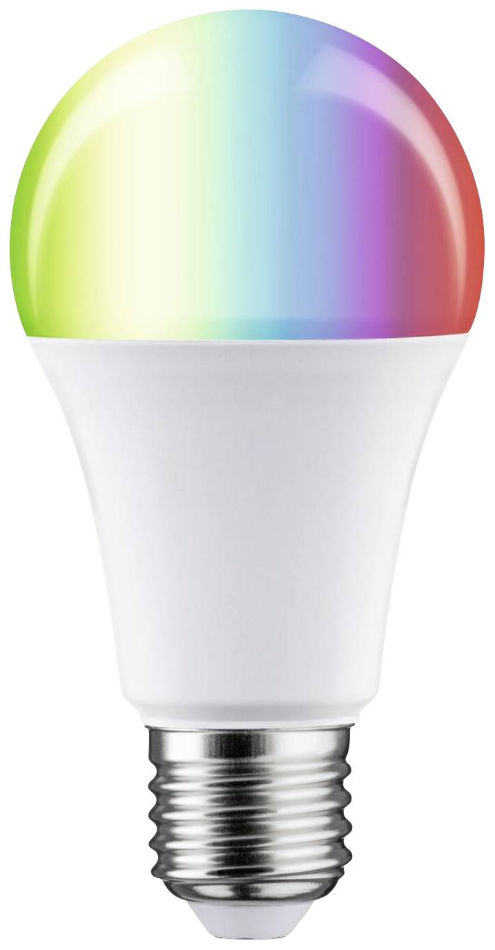 Une ampoule LED brille dans les couleurs de l'arc-en-ciel et symbolise un éclairage polyvalent et économe en énergie.