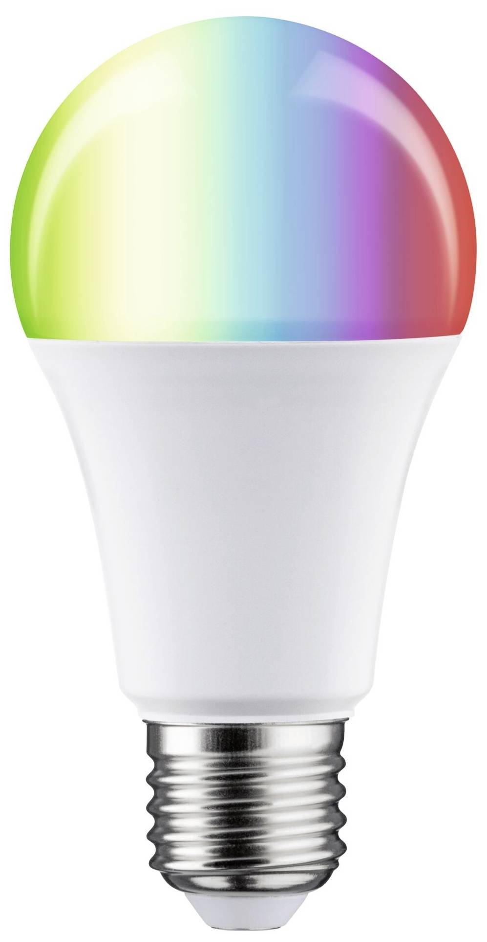 Une ampoule avec un boîtier présentant des dégradés de couleurs allant du vert au bleu jusqu'au rouge symbolise des effets lumineux multicolores.