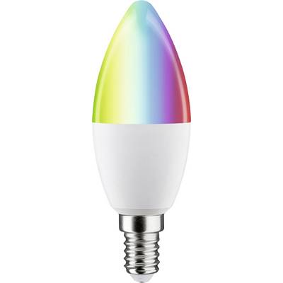 Ampoule LED économe en énergie en forme de bougie avec culot E27, illuminant dans un dégradé de couleurs arc-en-ciel. Idéale pour un éclairage décoratif.