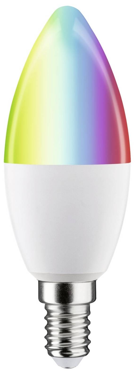 Une ampoule LED en forme de goutte présente un dégradé de couleurs qui passe du vert au jaune, en passant par le rose et le bleu. Elle possède un pas de vis.