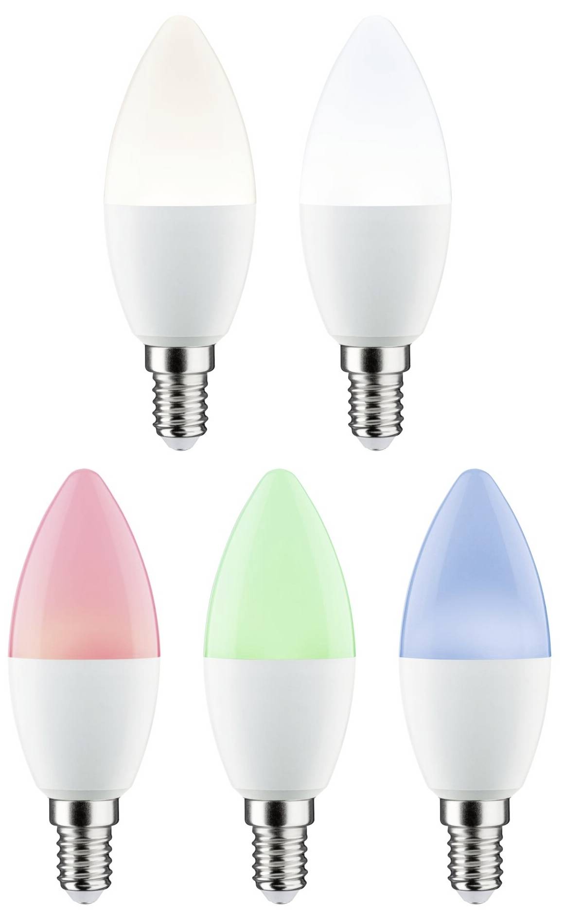 Cinq ampoules LED en forme de bougie dans les couleurs blanc, blanc chaud, rose, vert et bleu, chacune avec un culot à vis E14.