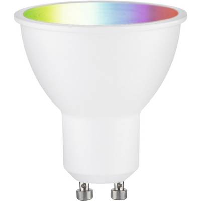 Une ampoule LED blanche à douille GU10. L'intérieur du réflecteur présente un spectre arc-en-ciel.