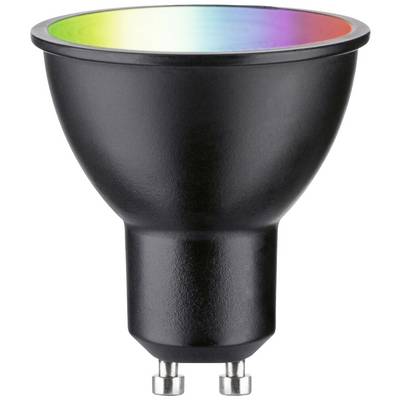 Lampe LED noire à culot GU10, surmontée d'un halo lumineux aux couleurs arc-en-ciel.