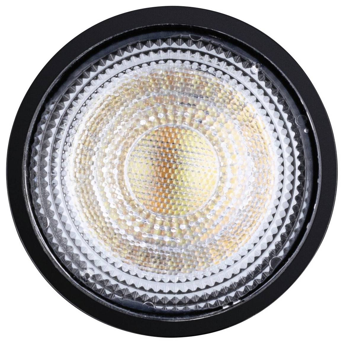 Une lampe LED ronde à surface structurée émet une lumière chaleureuse, reconnaissable à ses tons orange-jaunes au centre.