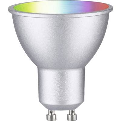 Un spot LED argenté avec douille GU10, émettant de la lumière aux couleurs arc-en-ciel depuis sa partie supérieure.