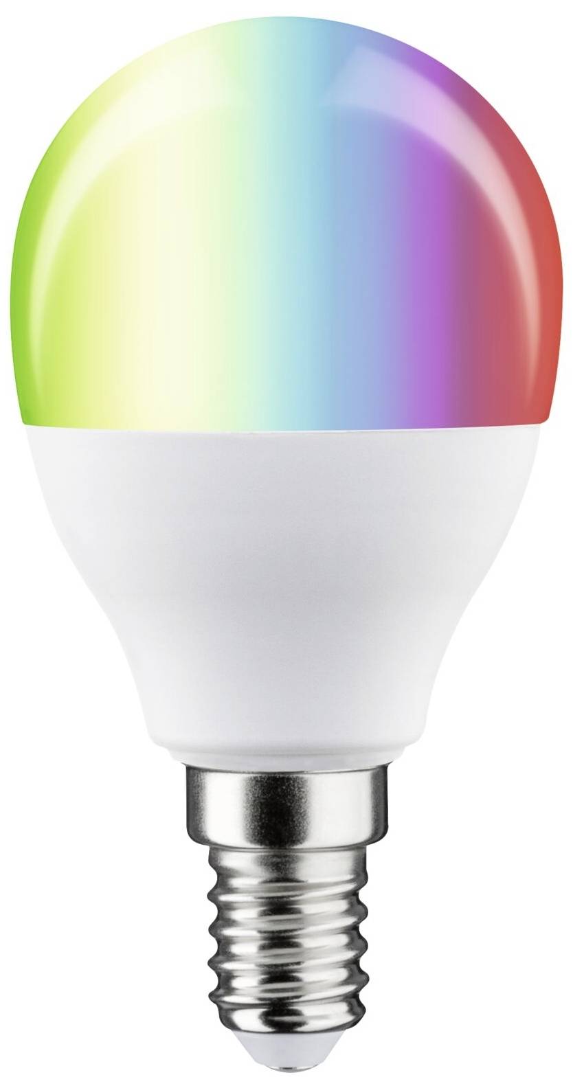 Une ampoule à culot E14 qui s'illumine dans un dégradé de vert, bleu et rouge symbolise une fonction intelligente de changement de couleur.