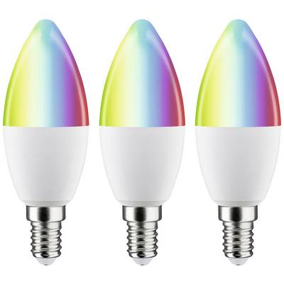 Trois ampoules LED avec des douilles E14, chacune dotée d'une partie supérieure aux couleurs arc-en-ciel, symbolisent les diverses options d'éclairage.