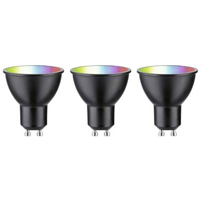 Trois ampoules LED GU10 noires avec une zone lumineuse colorée en haut. Idéales pour un éclairage personnalisé dans les espaces de vie.