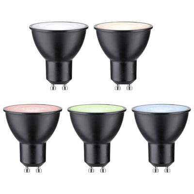 Cinq ampoules LED de différentes couleurs (blanc, blanc chaud, rouge, vert, bleu) avec douille GU10, alignées côte à côte.