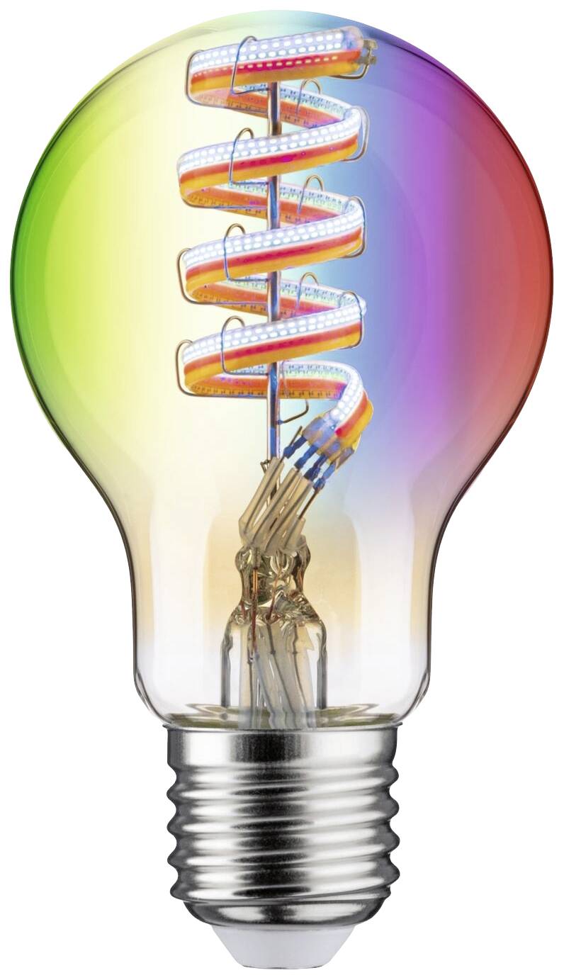Une ampoule aux couleurs arc-en-ciel et au filament en spirale symbolise la créativité et la richesse d'idées.