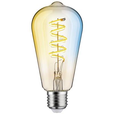Une ampoule avec un filament spiralé visible, passant progressivement d'une lumière jaune à une lumière bleue.